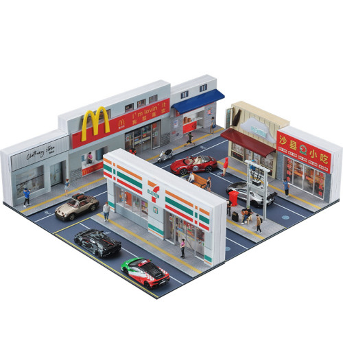 仿真1:64微縮麥噹勞711便利店超市建築場景模型車街景微觀小場景