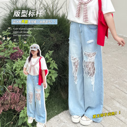 W2002夏季新品設計感韓版拼接蕾絲牛仔褲 夏款天絲薄款加肥長褲女