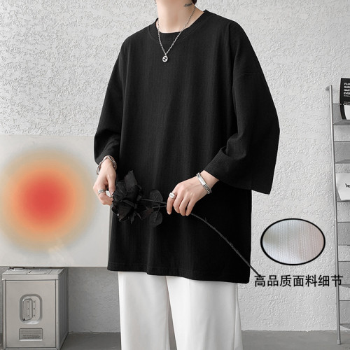 冰絲短袖T恤男士垂感上衣夏季2023新款潮流大碼純色七分半袖體恤T