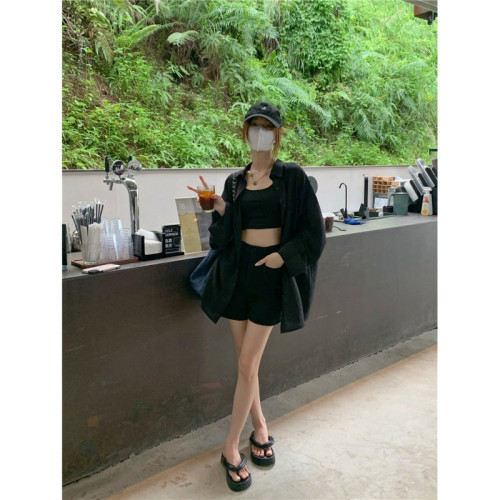 夏季薄款透視防曬襯衣女翻領單排釦寬松百搭中長款開衫外套