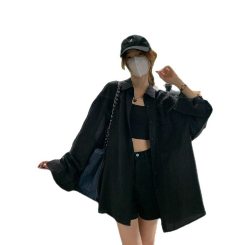 夏季薄款透視防曬襯衣女翻領單排釦寬松百搭中長款開衫外套
