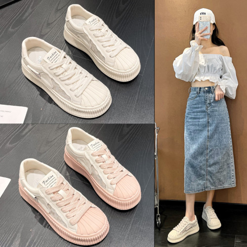 2024新款女鞋春季真皮小白鞋透氣網面厚底運動女鞋夏季