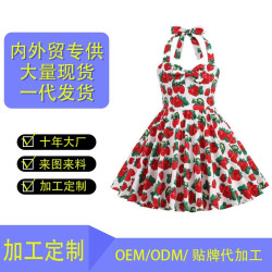亞馬遜跨境歐美女童裝連衣裙2025夏新款花卉印花赫本風掛脖吊帶裙