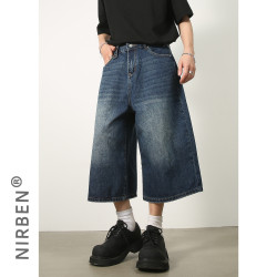 nirben牛仔| 夏季寬松廓形水洗復古做舊七分直筒牛仔短褲男潮