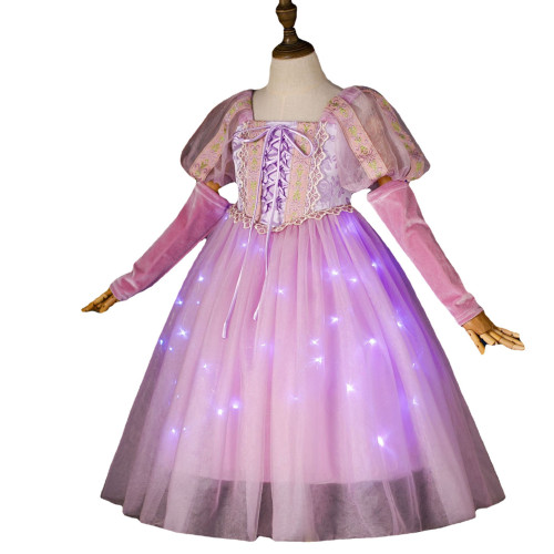 2025長髮公主裙Rapunzel女童連衣裙短袖夏季發光網紗裙六一禮服