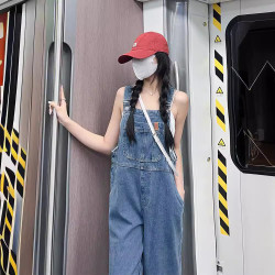 牛仔背帶褲女春秋薄款2024新款小個子設計感小衆寬松濶腿褲子夏季