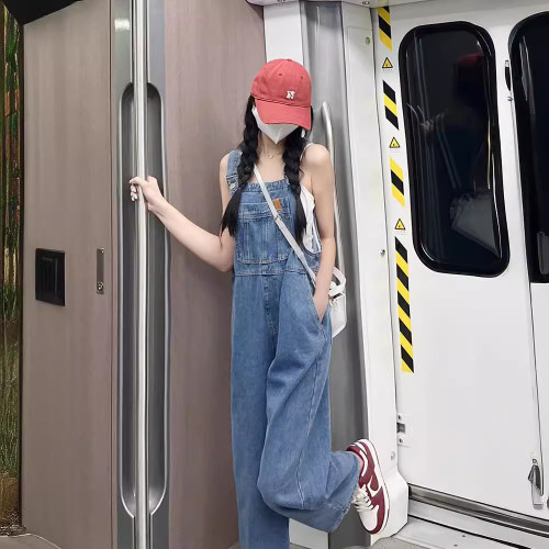 牛仔背帶褲女春秋薄款2024新款小個子設計感小衆寬松濶腿褲子夏季