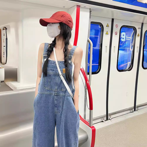 牛仔背帶褲女春秋薄款2024新款小個子設計感小衆寬松濶腿褲子夏季