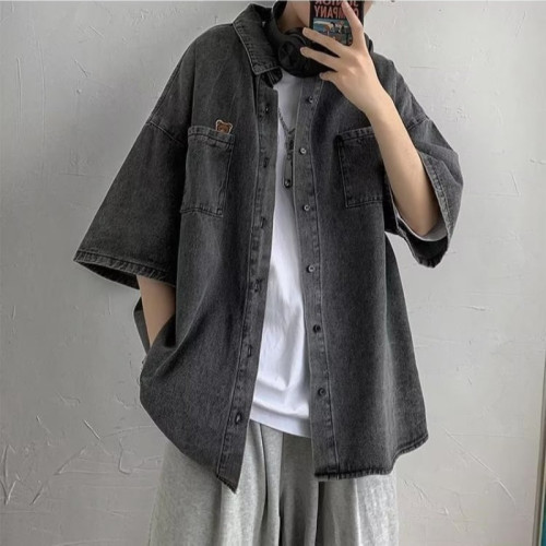 夏季短袖牛仔襯衫男ins潮牌港風日系小衆設計感休閒寬松半袖外套