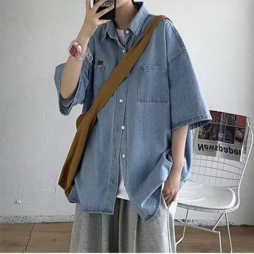夏季短袖牛仔襯衫男ins潮牌港風日系小衆設計感休閒寬松半袖外套