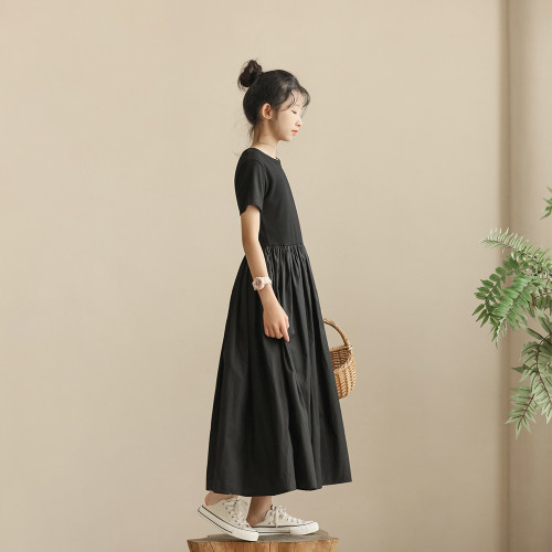 赫本風小黑裙中大女童長款收腰短袖氣質風童裙小個子連衣裙高品質