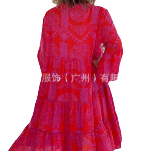 歐美女裝春夏新品eaby爆款V領喇叭袖蛋糕款拼接連衣裙