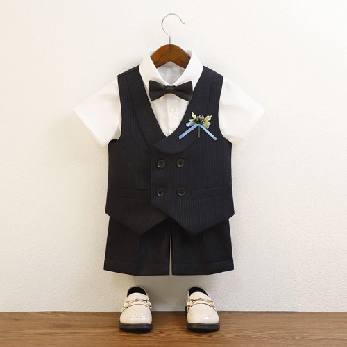 兒童西服春夏時尚條紋馬甲短袖套裝男童主持表演服小童花童禮服
