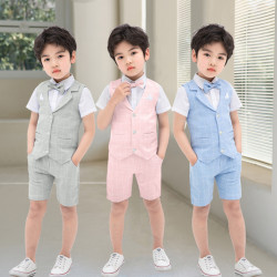 夏季新款童套裝批髮寶寶純色格子小馬甲禮服三件套六一兒童演出服