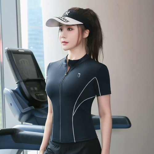 大碼女士短袖運動t恤夏季胖MM速乾拉鍊瑜伽服上衣跑步彈力緊身衣