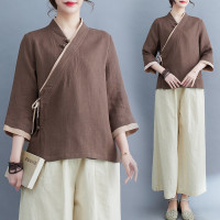 春夏新款復古民族風改良文藝禪意茶服七分袖V領盤釦系帶上衣女