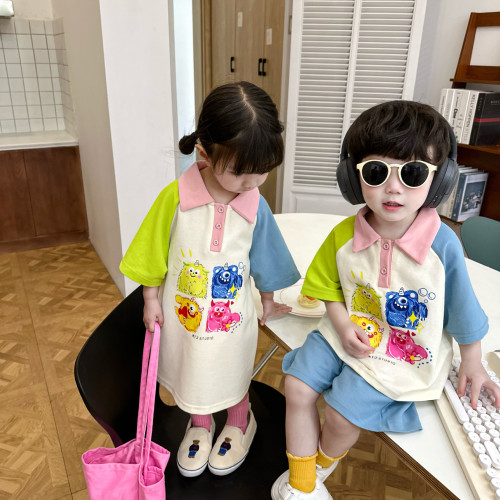 兄妹裝新款韓國童裝兒童卡通拼色袖子polo衫套裝短袖短褲兩件套