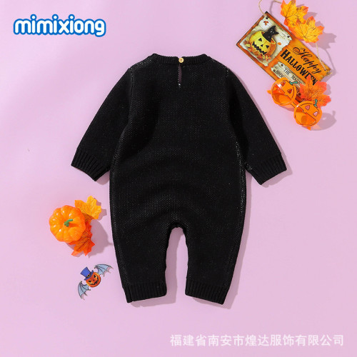 ins咪咪熊新款嬰幼兒歐美萬聖節連體衣爬服個性骷髏骨架提花