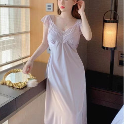 新款睡衣女夏季冰絲性感蕾絲純欲風吊帶胸墊中裙睡裙家居服