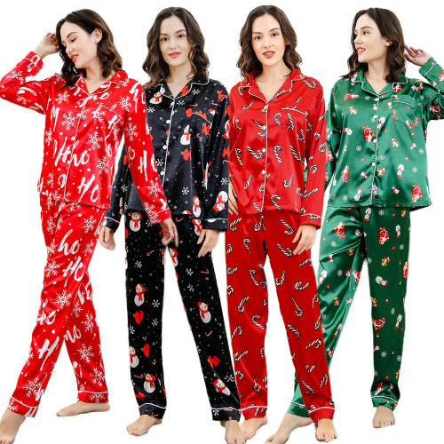 歐美新年親子睡衣套裝仿真絲春秋全家裝聖誕節新款家居服兩件套冬
