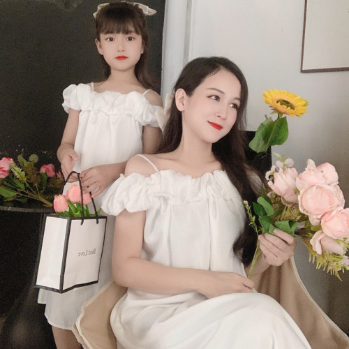 2023夏裝新款親子裝母女裝露肩吊帶裙連衣裙沙灘長裙仙女長裙子