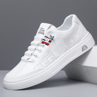 男鞋夏季鏤空男士休閒板鞋皮面軟底透氣單鞋子內增高小白鞋男