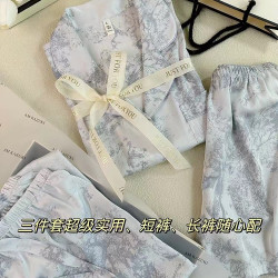 2023新款睡衣女夏季藝術水墨短袖三件套高級感輕奢居家服可外穿