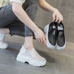 厚底樂福鞋女鞋2025年夏季新款百搭嬾人一腳蹬蕾絲網面透氣休閒鞋