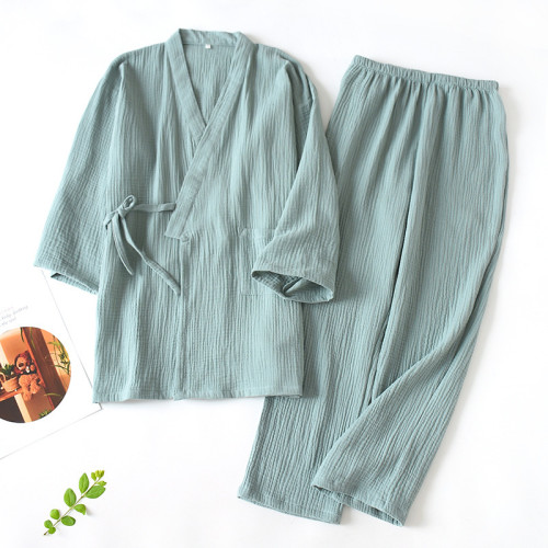 春夏款情侶棉浴衣日式和服睡衣棉紗縐布女士七分袖長褲家居服套裝