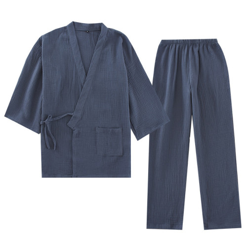 春夏款情侶棉浴衣日式和服睡衣棉紗縐布女士七分袖長褲家居服套裝