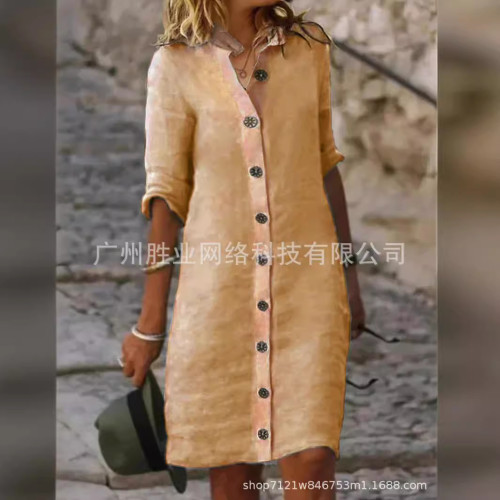 2025新款歐美女裝春夏季襯衫領中袖大圓釦純棉棉麻連衣裙