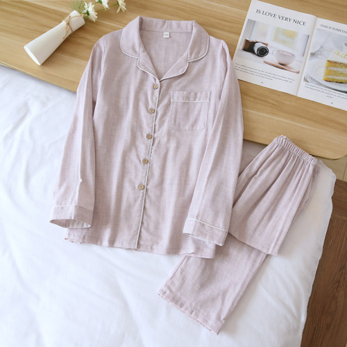 男女睡衣棉家居服簡約新款春秋季色紡紗睡衣情侶棉套裝