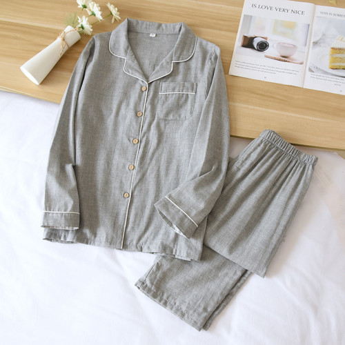 男女睡衣棉家居服簡約新款春秋季色紡紗睡衣情侶棉套裝