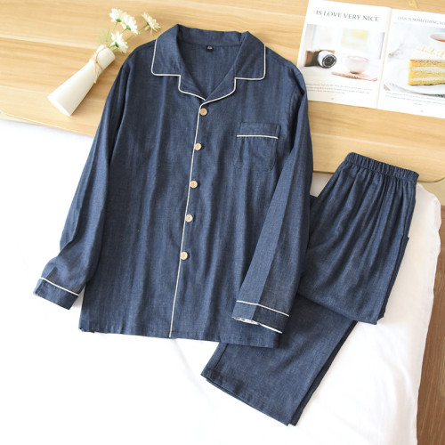 男女睡衣棉家居服簡約新款春秋季色紡紗睡衣情侶棉套裝