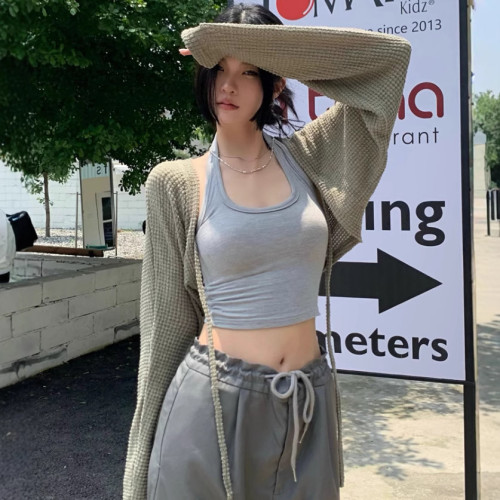 洋氣華夫格針織披肩罩衫女夏季度假風短款防曬綁帶開衫外套