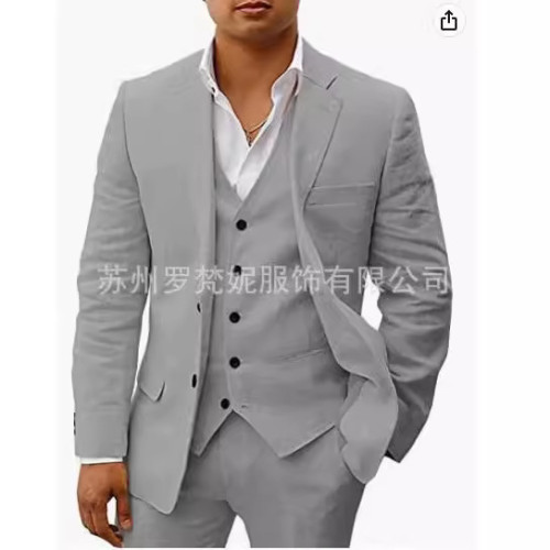 亞麻商務休閒西服男六件套套裝新郎婚禮宴會西裝