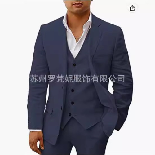 亞麻商務休閒西服男六件套套裝新郎婚禮宴會西裝