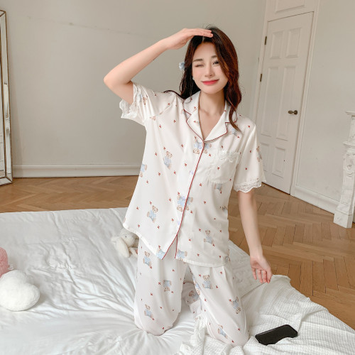 夏秋新款醋酸面料短袖長褲小熊三件套睡衣女簡約休閒可愛風家居服