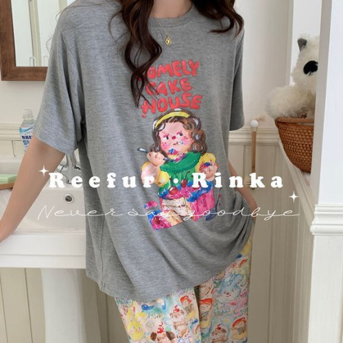 Reefur Rinka梨花家睡衣女卡通可愛圓領套頭蛋糕娃娃印花短袖長褲