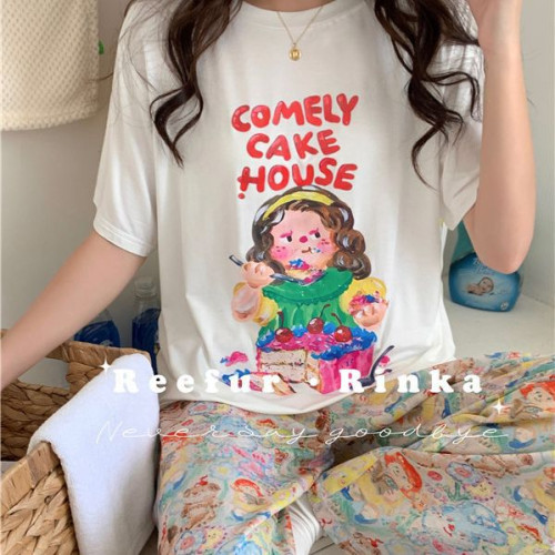 Reefur Rinka梨花家睡衣女卡通可愛圓領套頭蛋糕娃娃印花短袖長褲