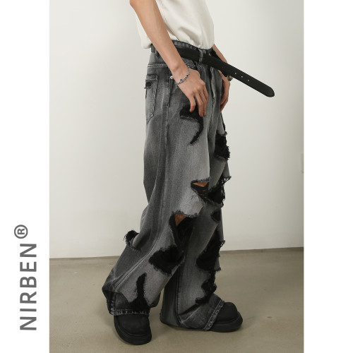 nirben牛仔|破洞濶腿牛仔褲男2023新款直筒寬松高街vibe拖地褲