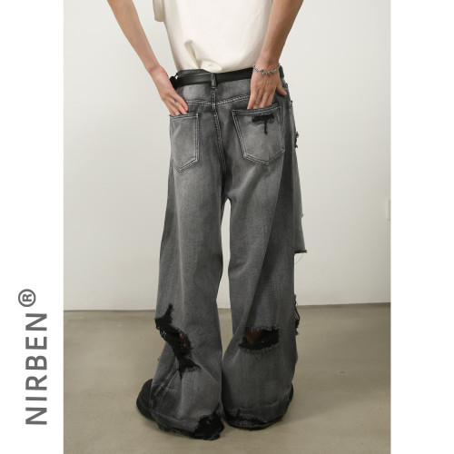 nirben牛仔|破洞濶腿牛仔褲男2023新款直筒寬松高街vibe拖地褲