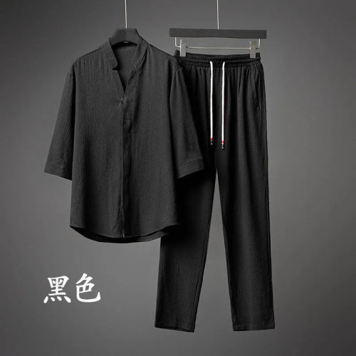 爆款男裝輕奢超薄五分袖套裝男夏季大碼寬松中袖兩件套2023