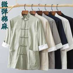 唐裝男青年夏季薄款短袖中袖風男裝中式復古盤釦棉麻襯衫襯衣