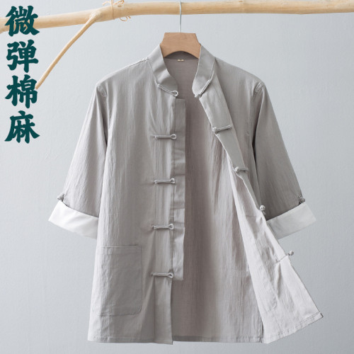 唐裝男青年夏季薄款短袖中袖風男裝中式復古盤釦棉麻襯衫襯衣