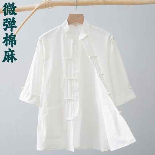唐裝男青年夏季薄款短袖中袖風男裝中式復古盤釦棉麻襯衫襯衣