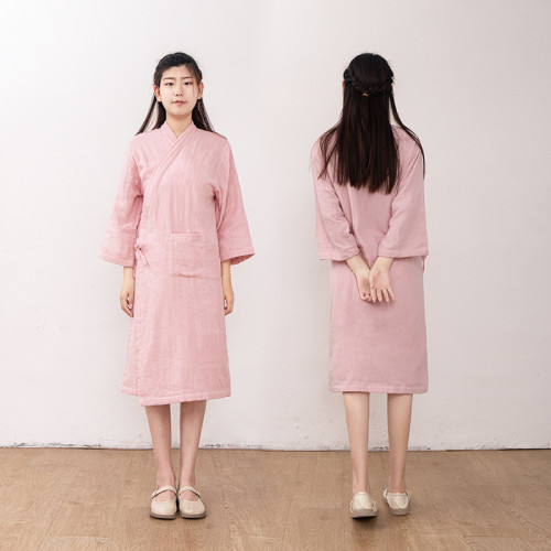 春夏純棉A類三層紗布中式偏襟浴袍浴衣睡袍家居服寬松男女情侶
