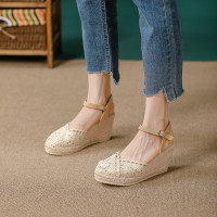 草編坡跟蕾絲涼拖鞋女夏松糕厚底防水台高跟鞋外穿搭釦草編鞋