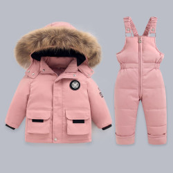 戶外冬裝歐美滑雪服兒童羽絲絨絲服保暖套裝加厚兩件套