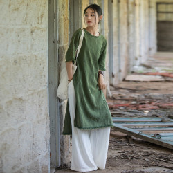 苧麻砂炒磨毛禪意袍五分袖連衣裙25春夏新品棉麻女裝旅行休閒長裙